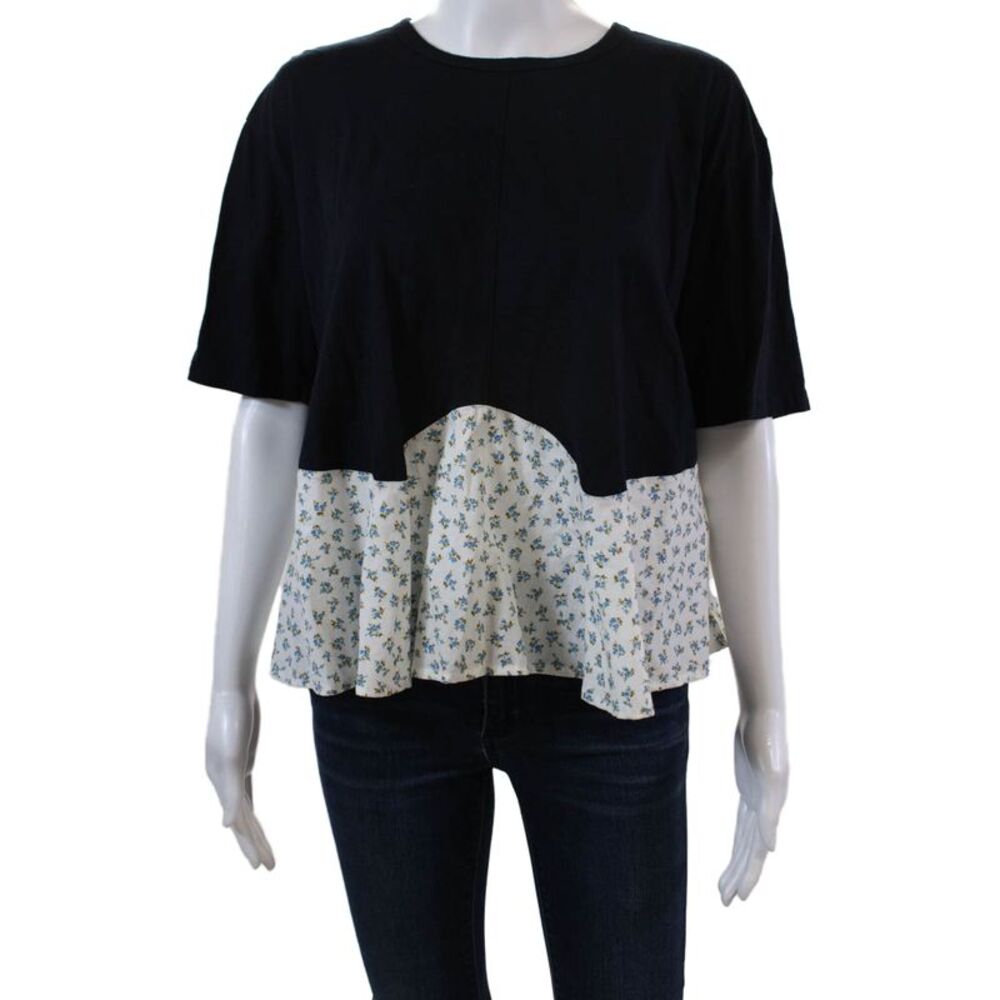Clu TOO Womens Cotton Floral Short Sleeve Round Neck Blouse Blue Size S